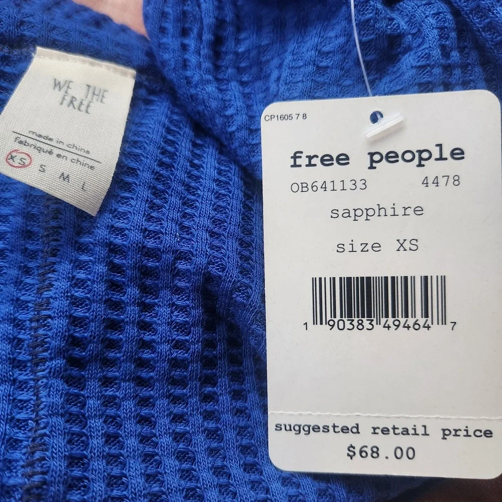 NWT Free People We‎ The Free Blue Waffle Knit Bell Sleeve Top Size XS Relaxed